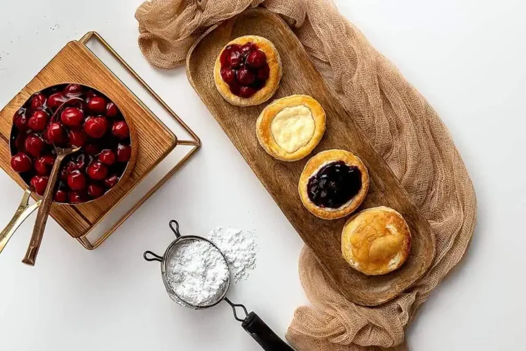 puff pastry and cream cheese danish on a wooden serving tray, powdered sugar and bowl of cherries