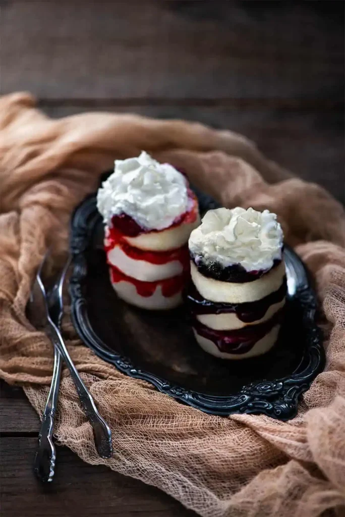 Two stacked servings of Broiled Angel Food Cake with Maple Whipped Topping
