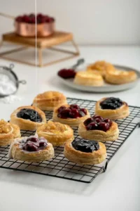 Puff Pastry Cream Cheese Danish(67)-w Puff pastry cream cheese danish on a cooling rack being drizzled with white frosting.