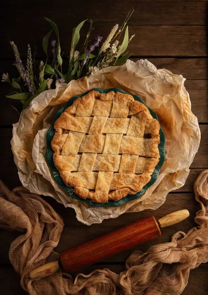 A apple pie with basket weave pie crust sitting on parchment paper with lavender flowers, a old rolling pin, and buff colored cheese cloth. No browning on this fruit.