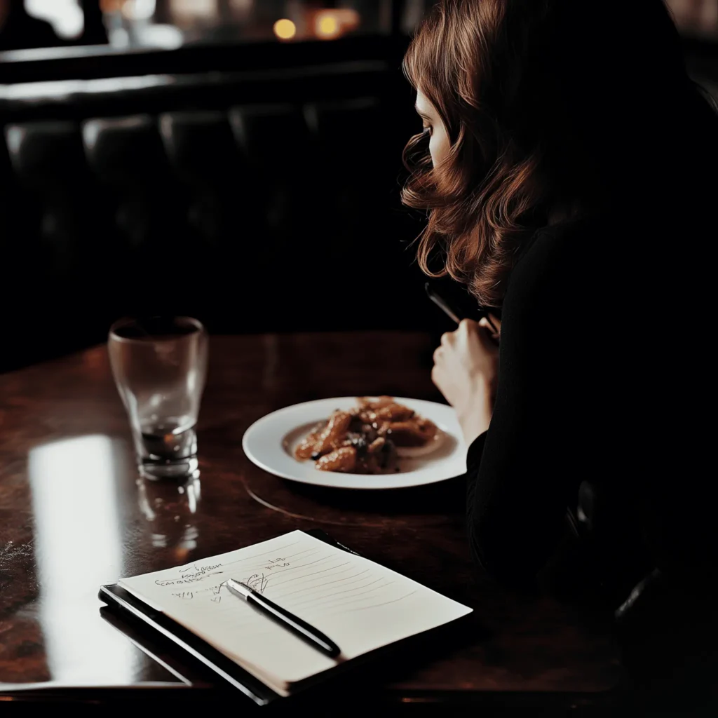 10 Journaling styles you'll love _3, a dimly lit restaurant with a woman sitting at a table eating her meal. beside her is her food journal.