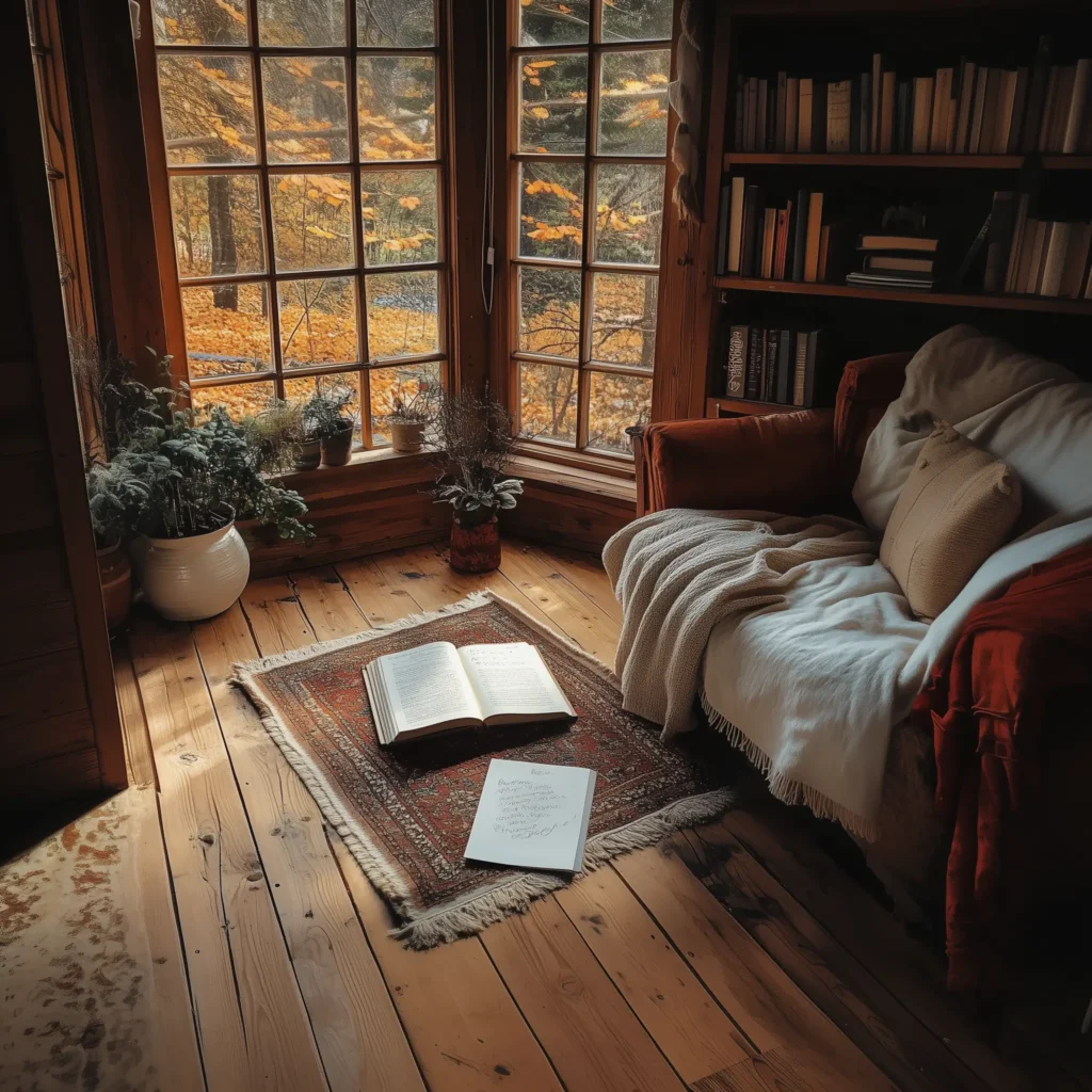 a cozy room with large windows and a journal laying near a comfy chair
