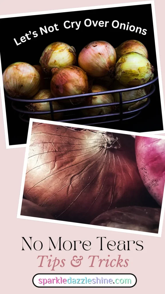 Our Culinary Tips for Don't Cry Over Onions showing a close up of an onion and a wire basket of onions