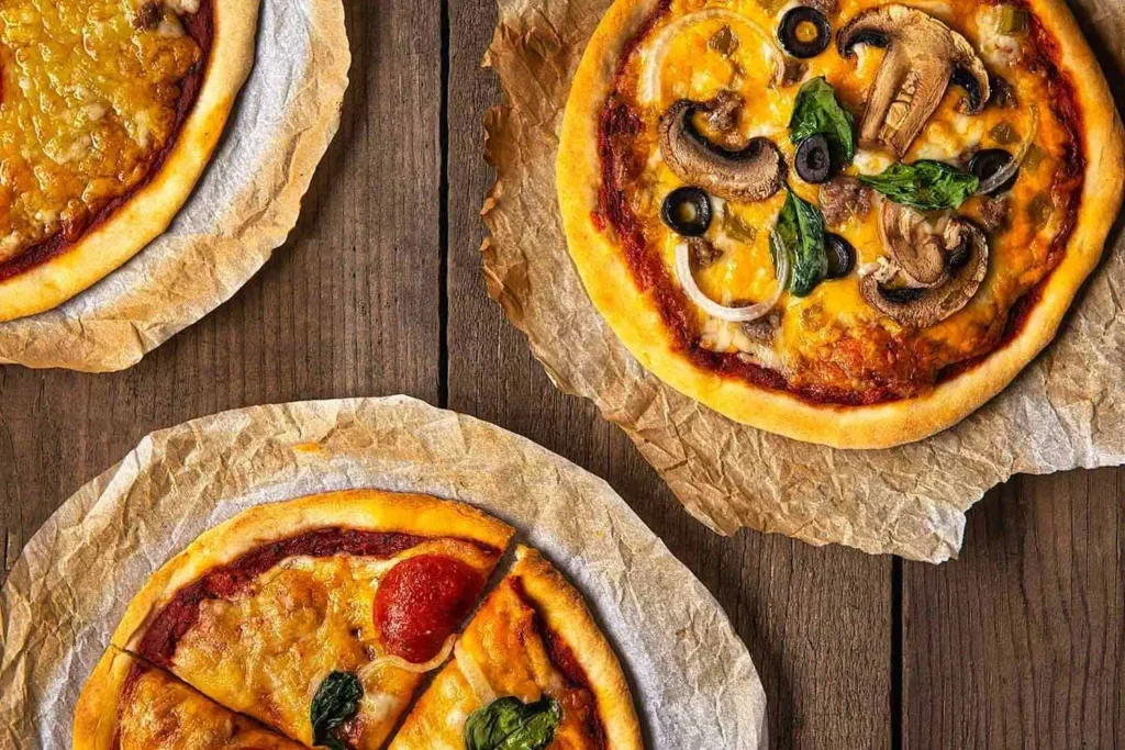 No-Fail, No-Yeast Pizza Dough & Sauce. In this image you'll see three delicious baked pizzas.