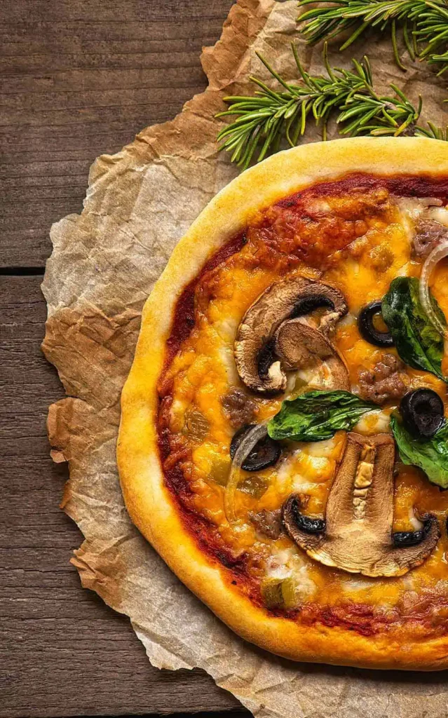 yummy looking pizza sitting on a wooden tray