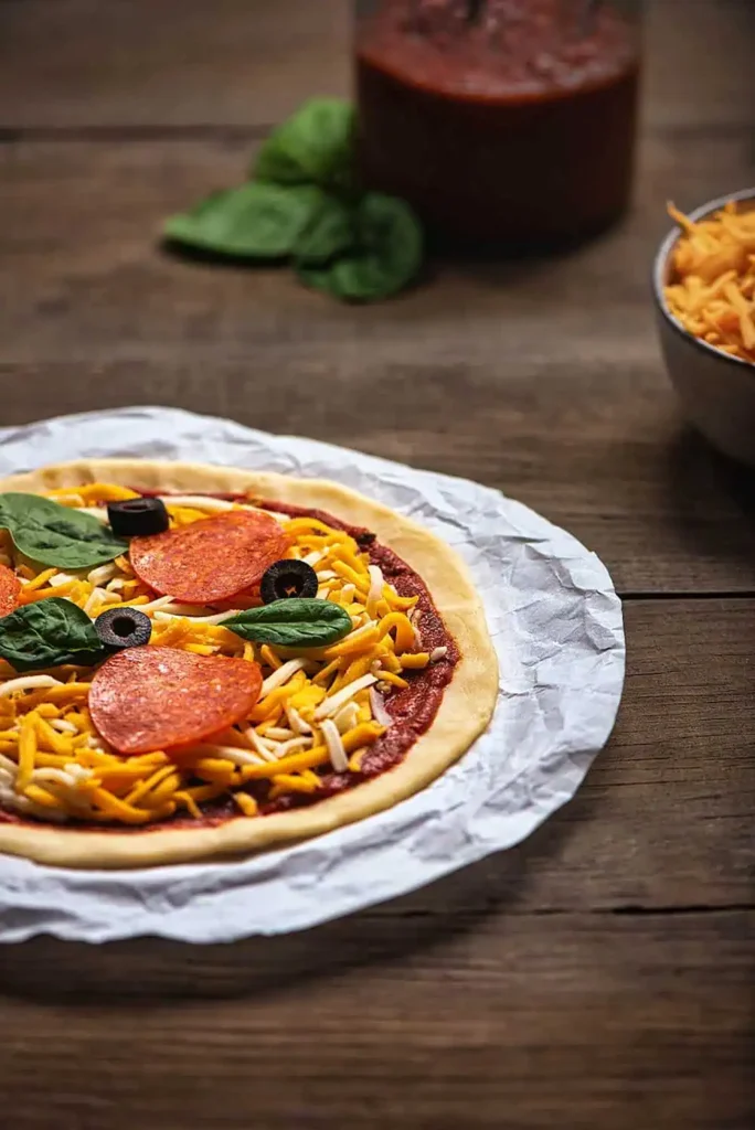 A ready to bake pizzeria style pizza sitting on a pizza tray with parchment paper under pizza.