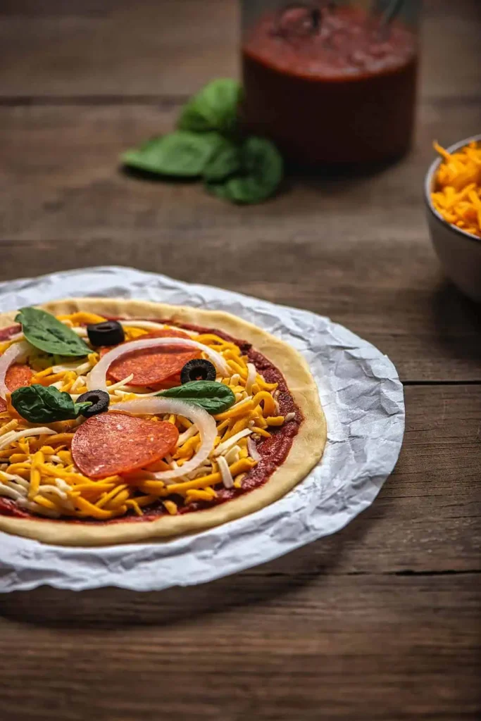 one pizza with toppings ready to bake.  Also, sauce and grated cheese