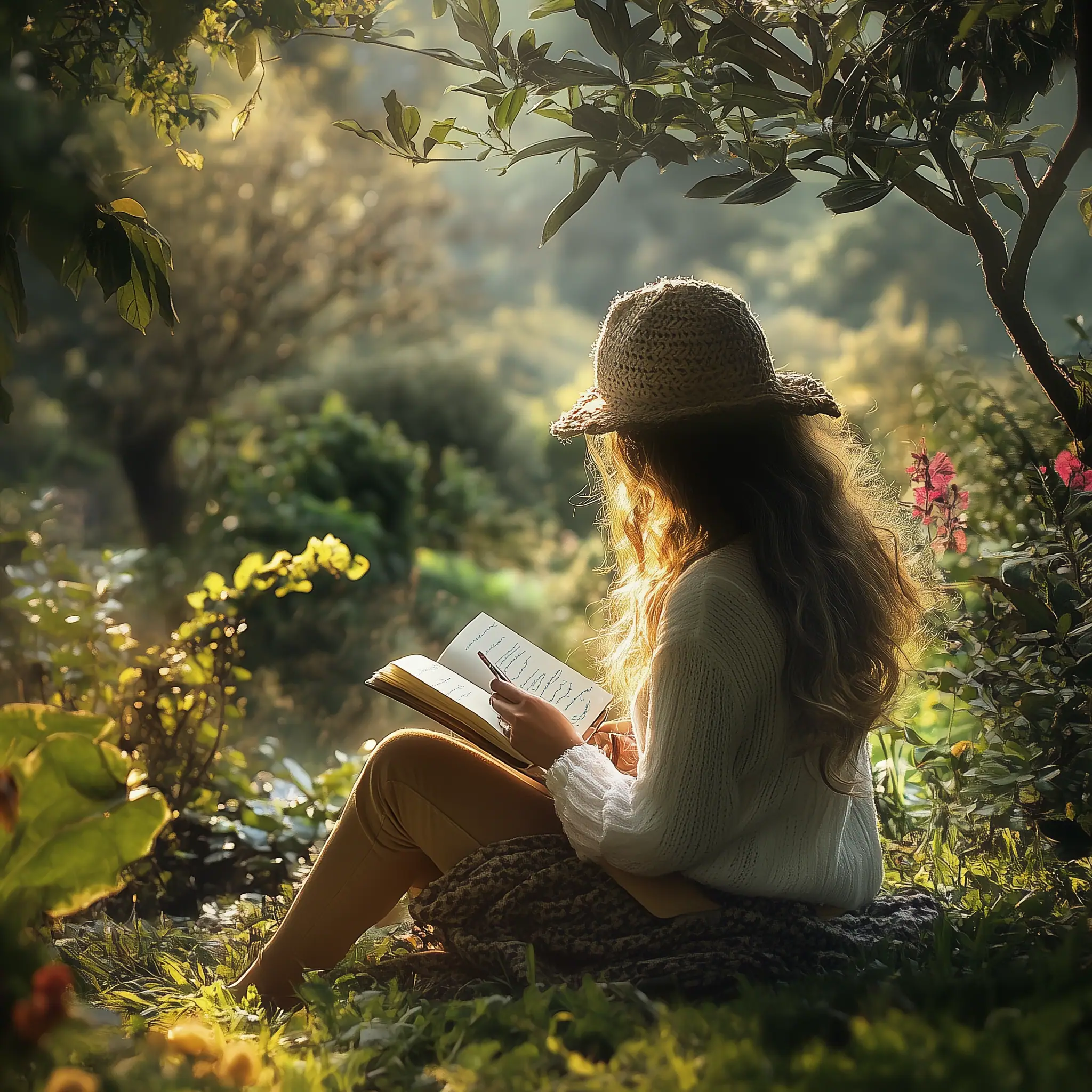 A woman sitting in a garden writing in a journal. Using our 10 essential tips for Daily Journaling Success