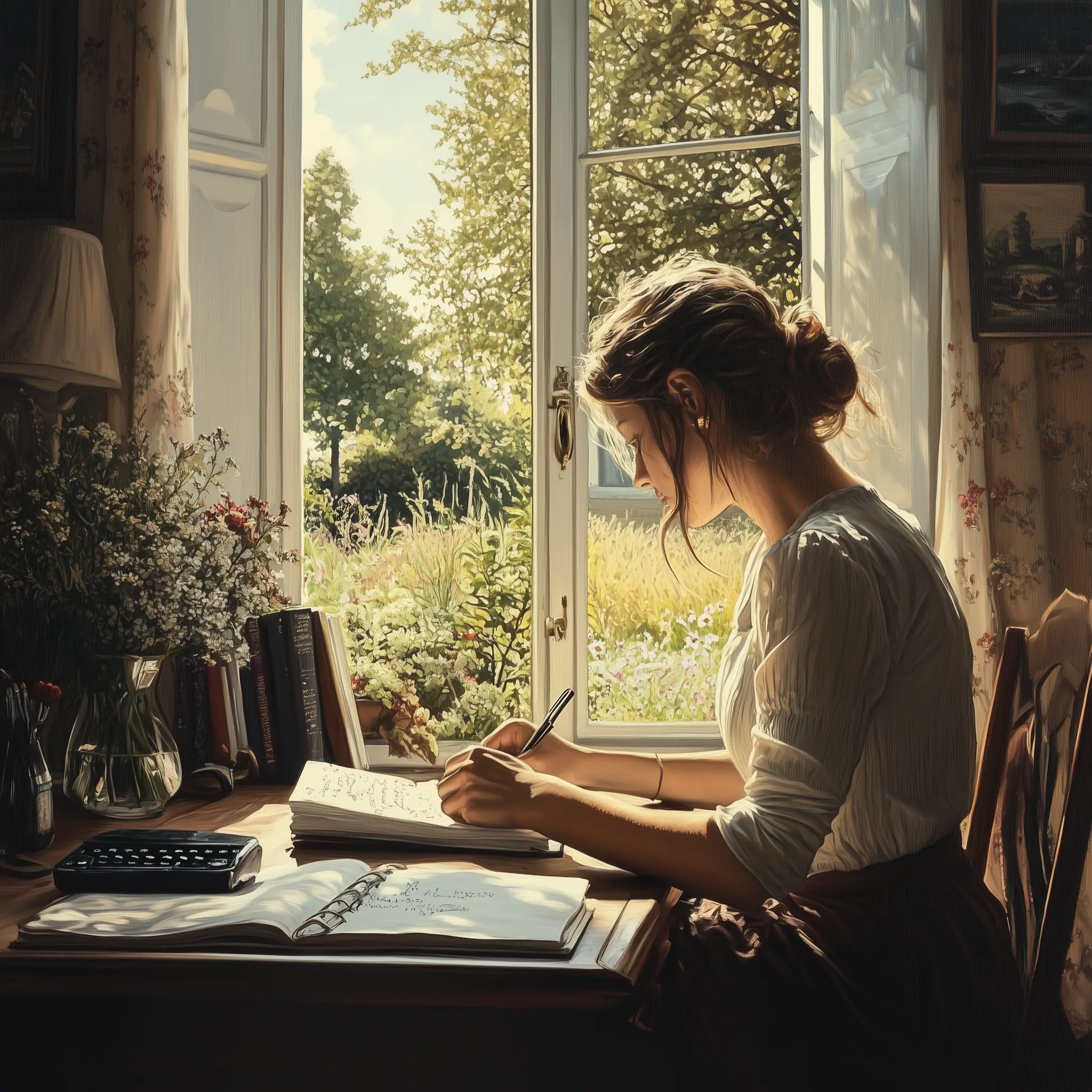 Is Journaling Right for Everyone? A woman sitting at a desk in front of an open window, writing in a journal.