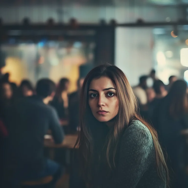 Your Secret Weapon Against Loneliness. A 40 year old woman in a public place setting alone. behind the room is full of people, yet she is alone. the colors are in the cool blue tones