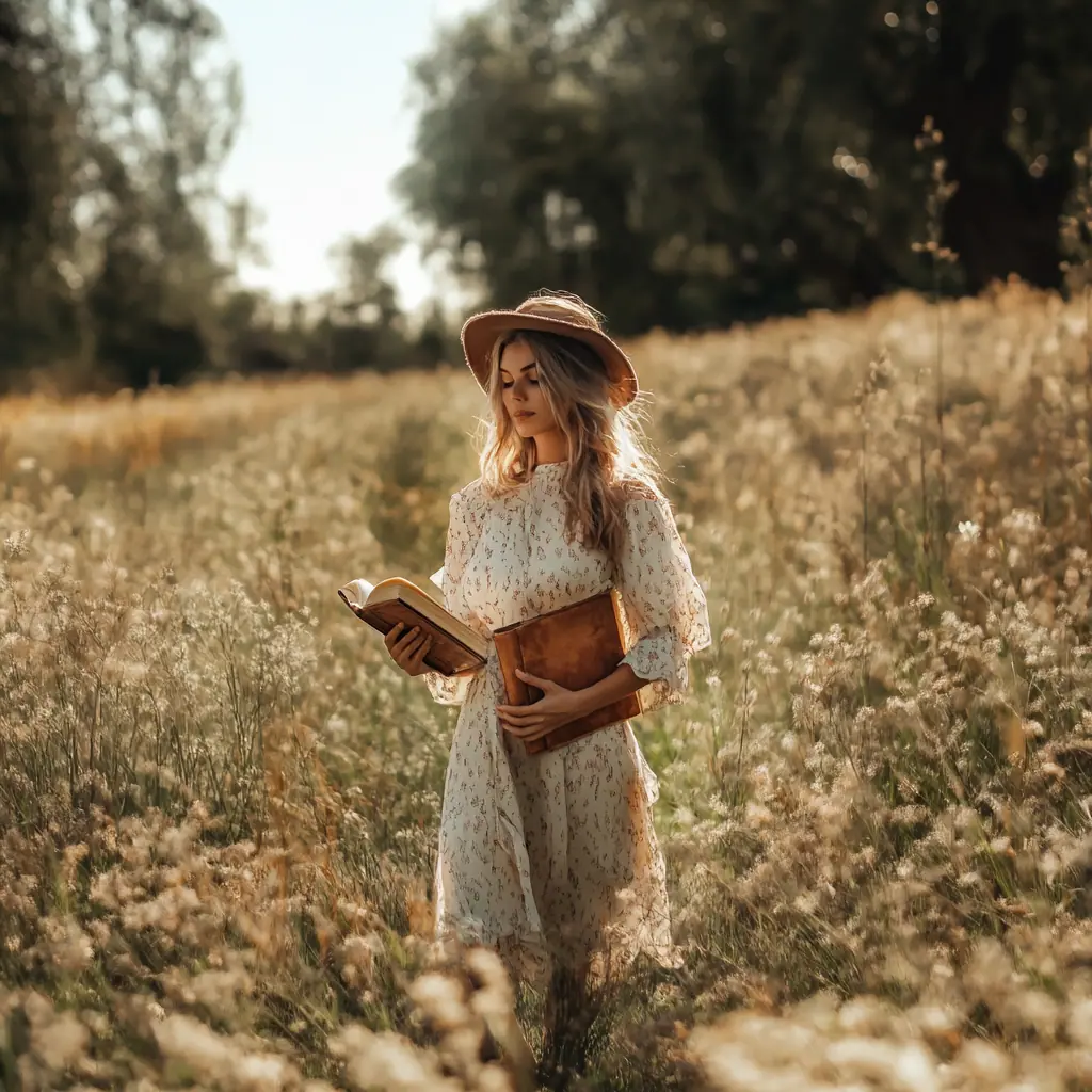 A woman walking through the country holding journals