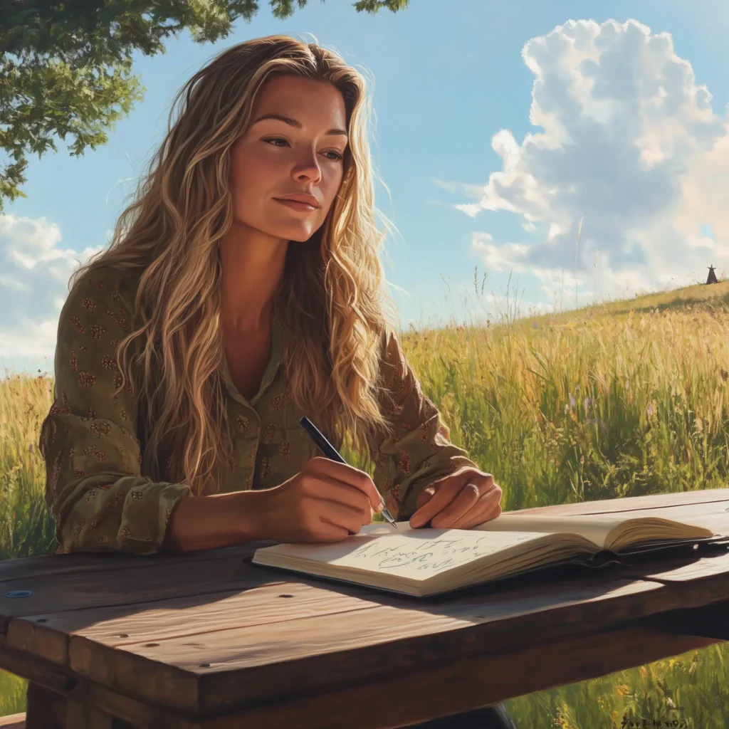 A woman sitting at a table outside, thinking with an open journal on the table in front of her
