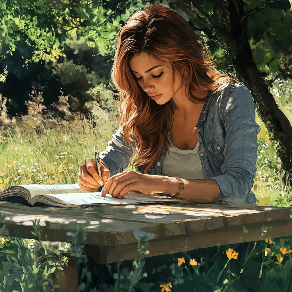 a woman sitting at a picnic table in the country journaling