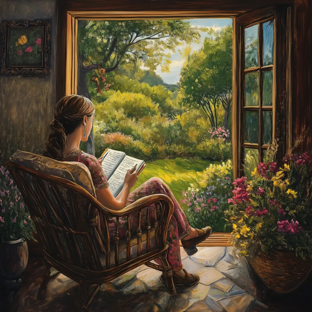 A woman sitting in a chair Journaling in front of open French doors looking out at a garden