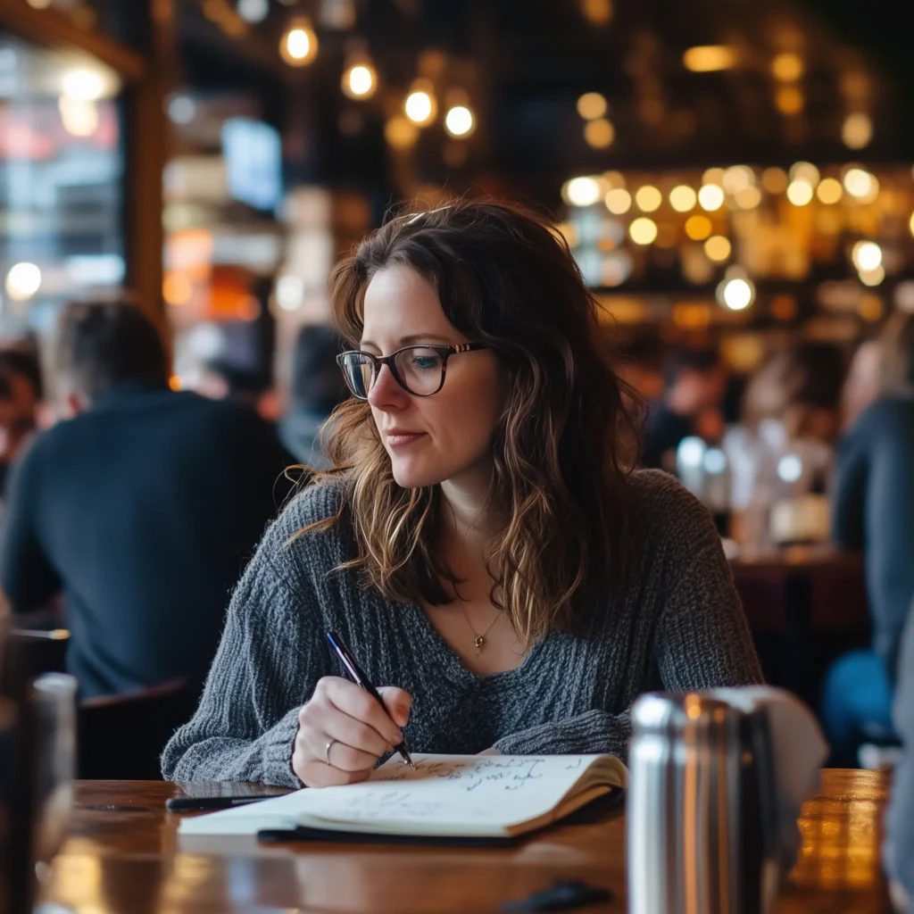 is journaling right for everyone, a woman wearing glasses sitting in a coffee shop writing in a journal