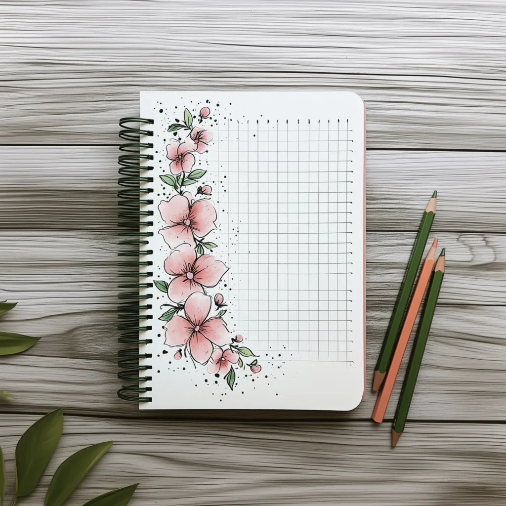 10 Journaling Styles You'll Love.  a Spiral bound journal with a floral design drawn near the spiral, sitting on a wooden table