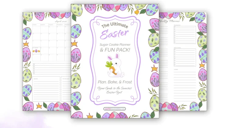 Promotional image for 'The Ultimate Easter Sugar Cookie Planner,' a printable PDF designed for planning, baking, and decorating Easter-themed cookies. The central cover design features pastel-colored Easter eggs, a bunny holding a carrot, and decorative text. Two sample planner pages are partially visible in the background, and text highlights key details like '8.5''x11'' Instant Download.' The 'SDS' (Sparkle Dazzle Shine) logo is displayed in the lower left corner.
