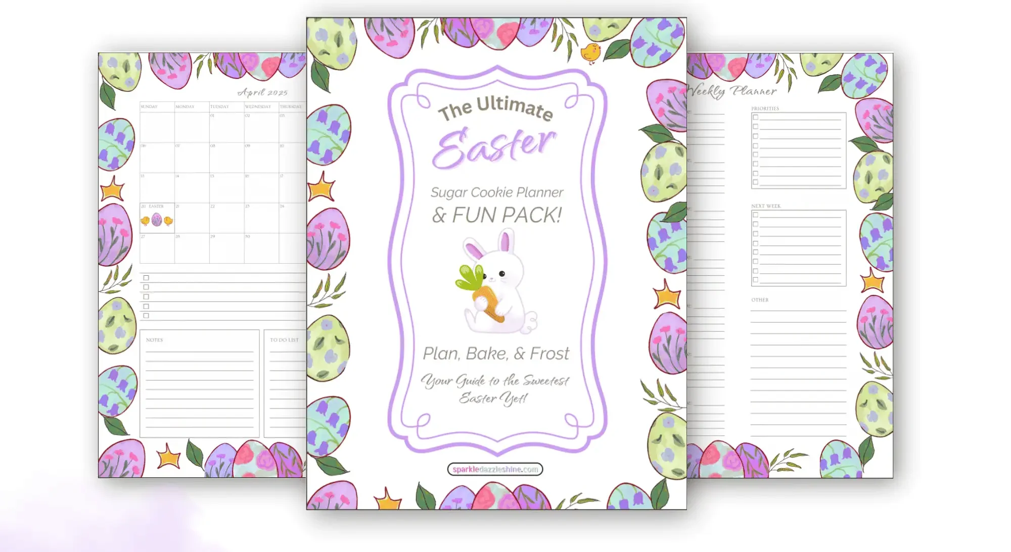 Promotional image for 'The Ultimate Easter Sugar Cookie Planner,' a printable PDF designed for planning, baking, and decorating Easter-themed cookies. The central cover design features pastel-colored Easter eggs, a bunny holding a carrot, and decorative text. Two sample planner pages are partially visible in the background, and text highlights key details like '8.5''x11'' Instant Download.' The 'SDS' (Sparkle Dazzle Shine) logo is displayed in the lower left corner.