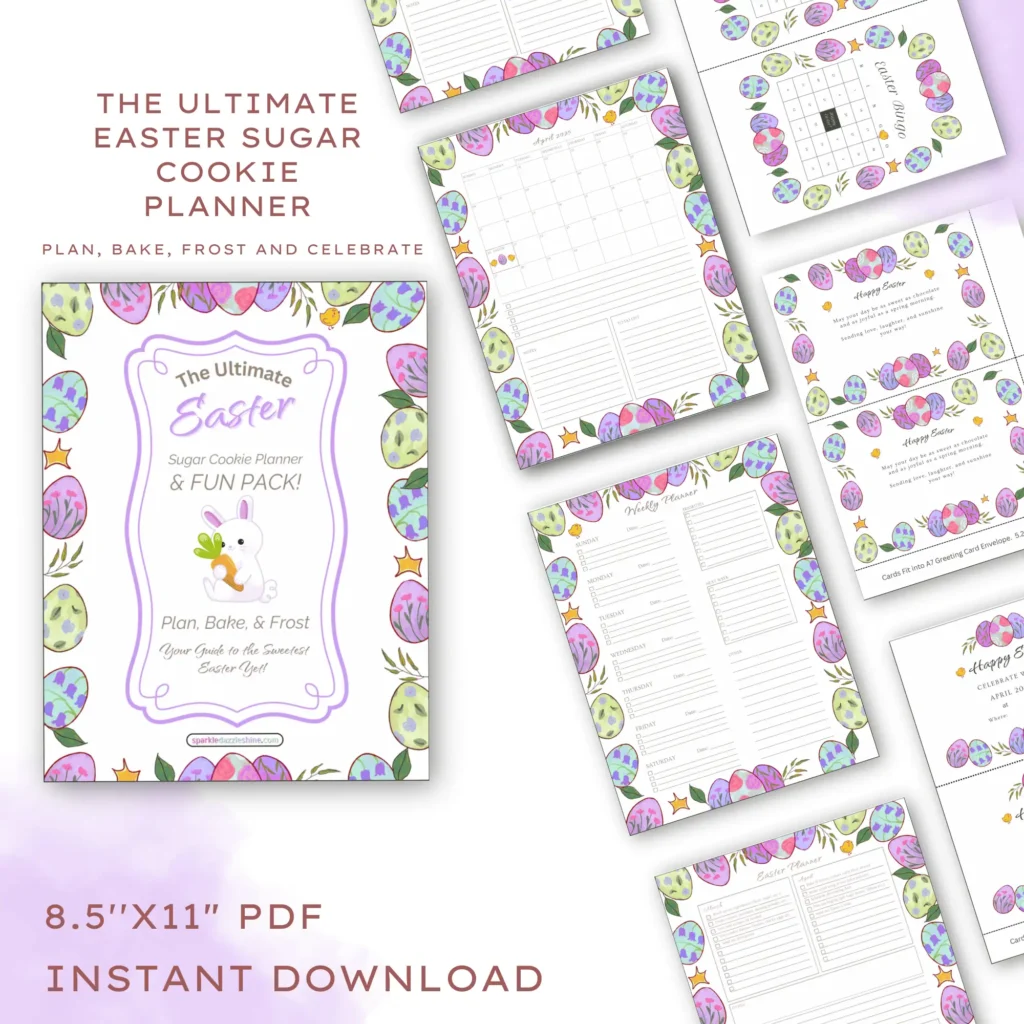 A promotional image for 'The Ultimate Easter Sugar Cookie Planner & Fun Pack,' a downloadable 8.5"x11" PDF. The cover features a pastel Easter-themed design with decorated eggs, a bunny holding a carrot, and elegant purple borders. Several planner pages are displayed, including a calendar, weekly planner, recipe pages, and greeting card templates, all adorned with colorful Easter egg patterns. The text highlights that the planner helps with planning, baking, and frosting Easter treats.