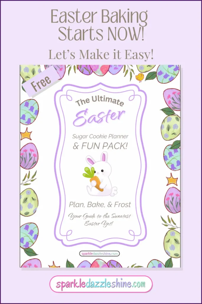 Promotional image for 'The Ultimate Easter Sugar Cookie Planner,' a printable PDF designed for planning, baking, and decorating Easter-themed cookies. The central cover design features pastel-colored Easter eggs, a bunny holding a carrot, and decorative text. Two sample planner pages are partially visible in the background, and text highlights key details like '8.5''x11'' Instant Download.' The 'SDS' (Sparkle Dazzle Shine) logo is displayed in the lower left corner.