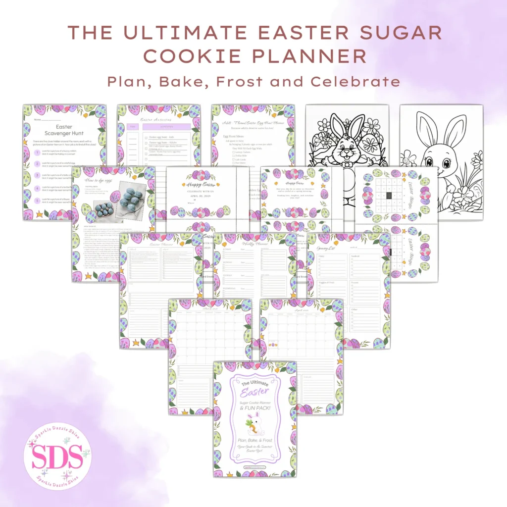 A digital display of 'The Ultimate Easter Sugar Cookie Planner,' featuring a collection of printable pages with pastel-colored Easter egg borders. The planner includes recipe pages, checklists, a scavenger hunt, coloring sheets with bunny illustrations, and various planning templates. The text 'Plan, Bake, Frost and Celebrate' is prominently displayed at the top, and a pink 'SDS' logo appears in the bottom left corner with a watercolor-style background.
