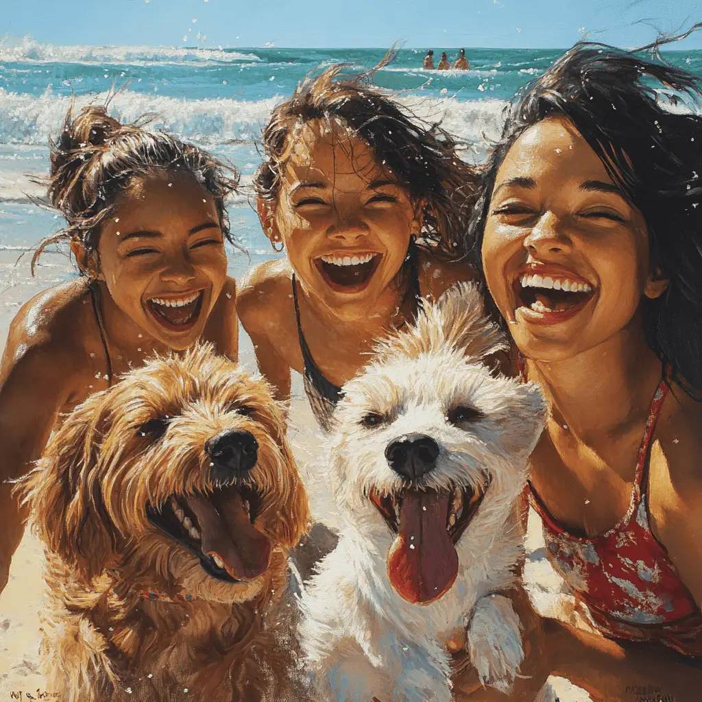 Three young women and two joyful dogs laugh and pose on a sunny beach, soaked in ocean spray and pure happiness—capturing the belief that happiness is a conscious focus shared through connection and play.