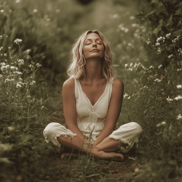 Embracing Gratitude. A woman in a soft white outfit sits cross-legged on a lush green path, surrounded by wildflowers, eyes closed and face serene in a moment of Embracing Gratitude. This tranquil scene captures the essence of embracing gratitude and cultivating thankfulness daily through stillness and connection with nature.