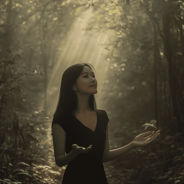 A serene woman in a black dress stands in a sunlit forest, eyes closed and palms open, gently holding a small plant as beams of light filter through the trees—symbolizing the release of negativity and an embrace of gratitude.