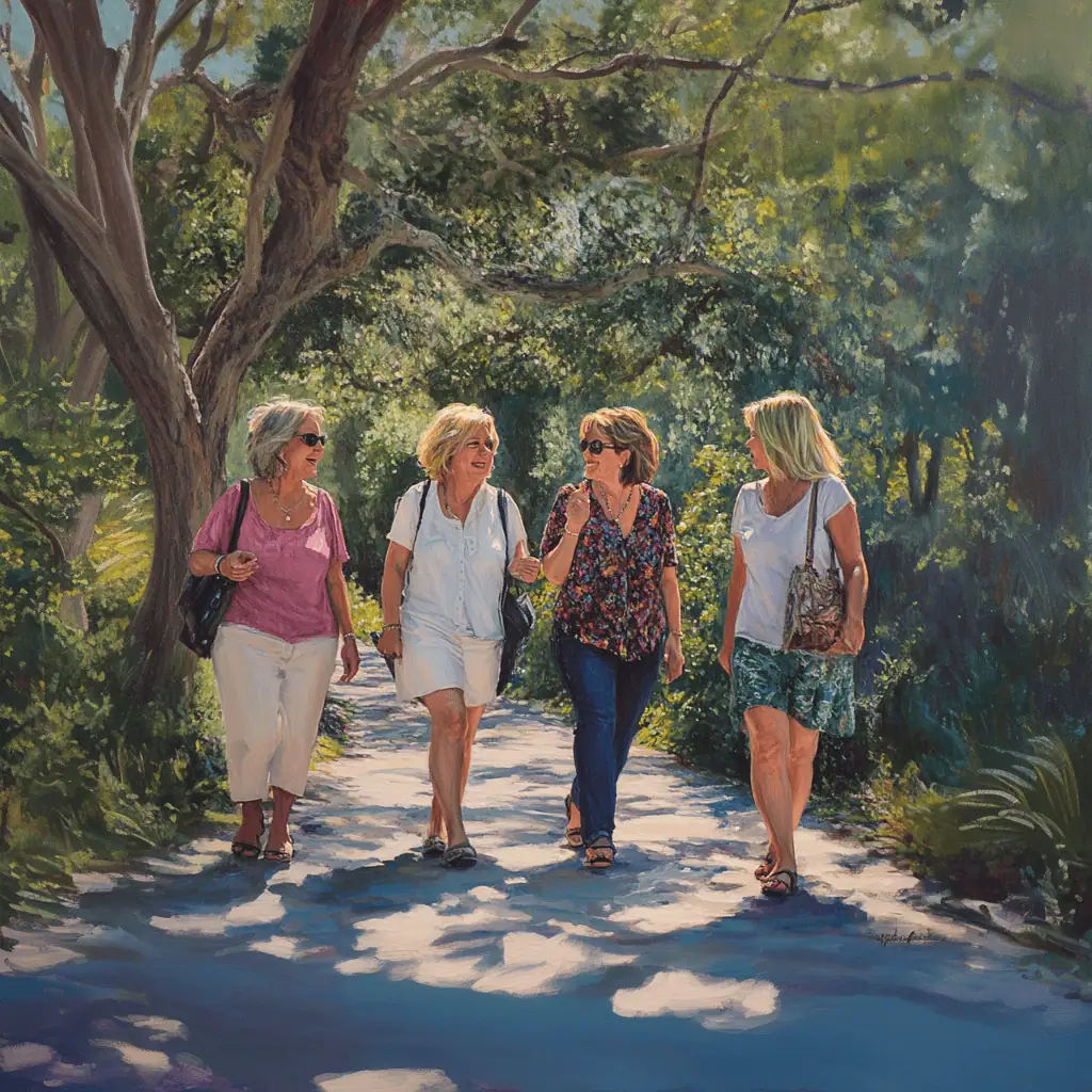 Sharing Gratitude and Positivity. Four women walk together on a sun-dappled forest path, laughing and chatting, surrounded by lush greenery. Their relaxed body language and cheerful expressions capture a moment of shared gratitude and positivity in nature.