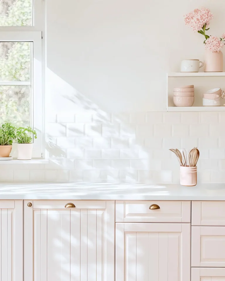 Meet Sparkle’s Kitchen Magic — A Free Interactive Recipe Finder for Home Cooks. A well lit beautiful kitchen. Feminine with its soft whites and blush tone cabinetry.