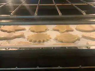 A tray of unbaked sugar cookies inside the oven, photographed through the oven door. Cookie shapes include flowers, starbursts, and seasonal outlines, just beginning to bake.