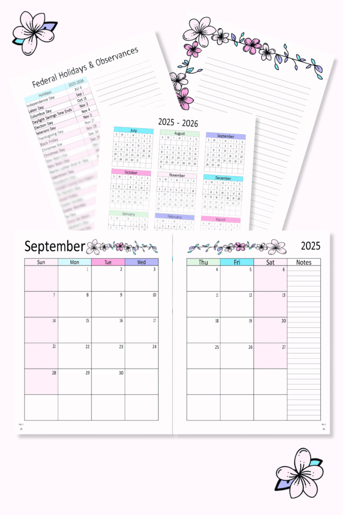 2025–2026 teacher planner pages with pre-dated monthly calendar spread and federal holidays list.