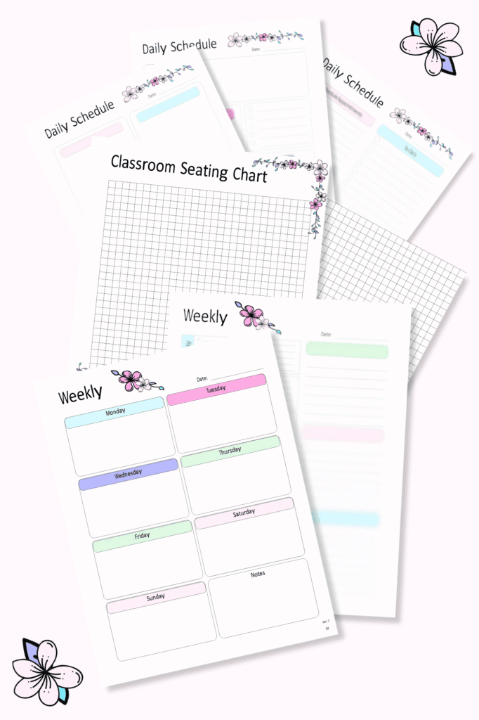 Teacher planner pages with weekly schedule layout, daily planning sheets, and a classroom seating chart.