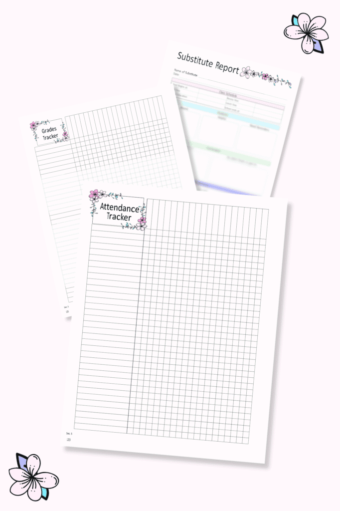 Teacher planner grade tracker, attendance log, and substitute teacher report pages.
