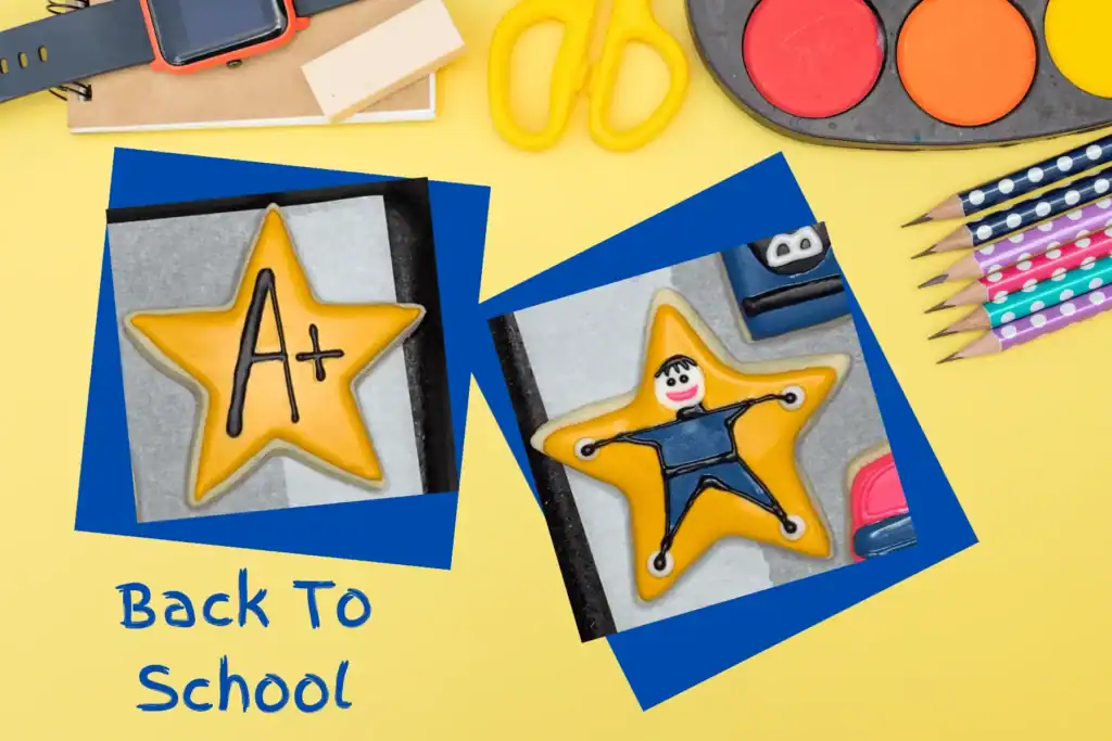 Feature image of two star decorated sugar cookies for back to school.