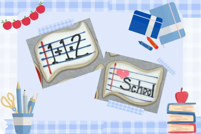 School themed background with two images of notepaper sugar cookies. One has 1+1=2 written on it and the other says, "School".