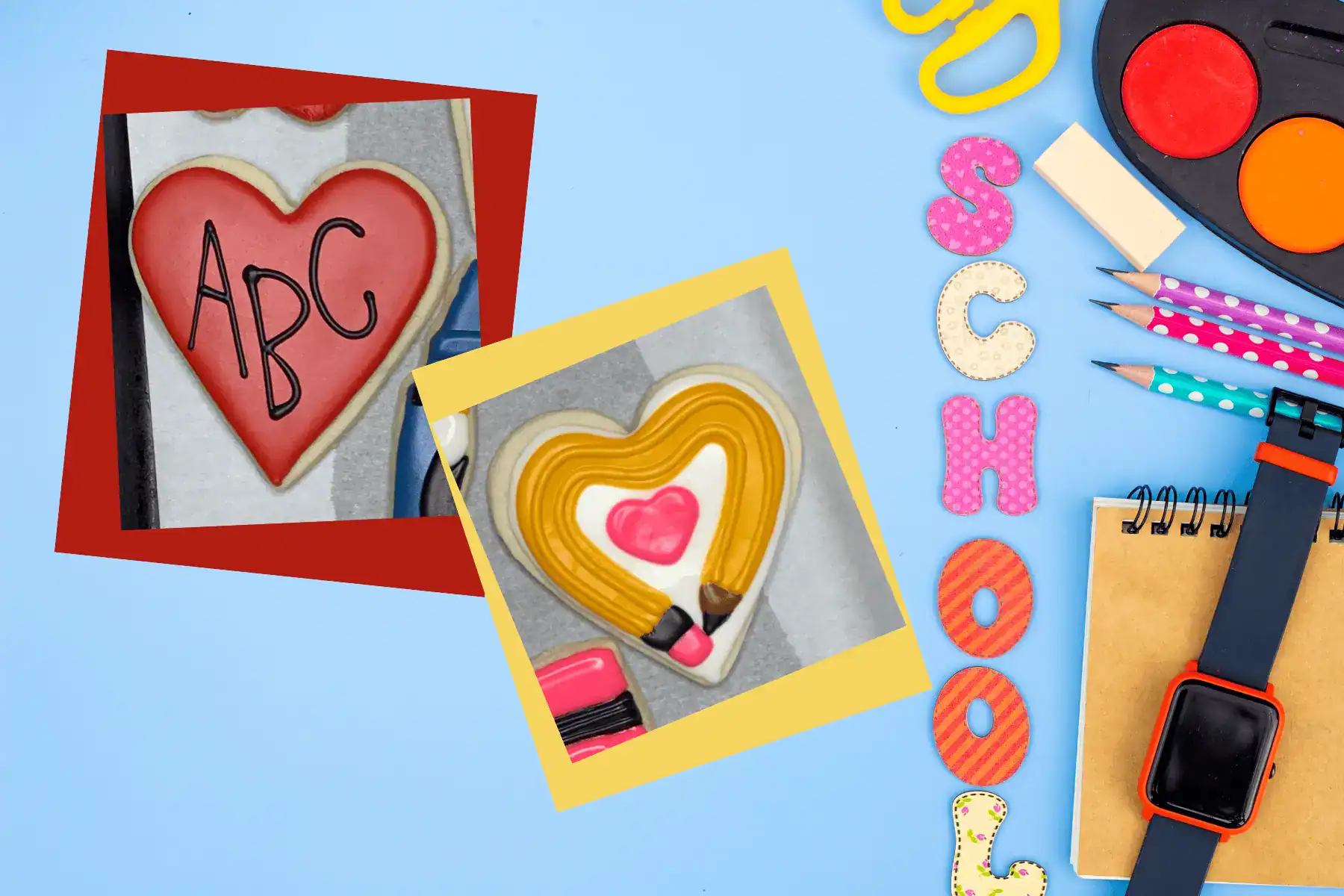feature image of back to school heart shaped sugar cookies
