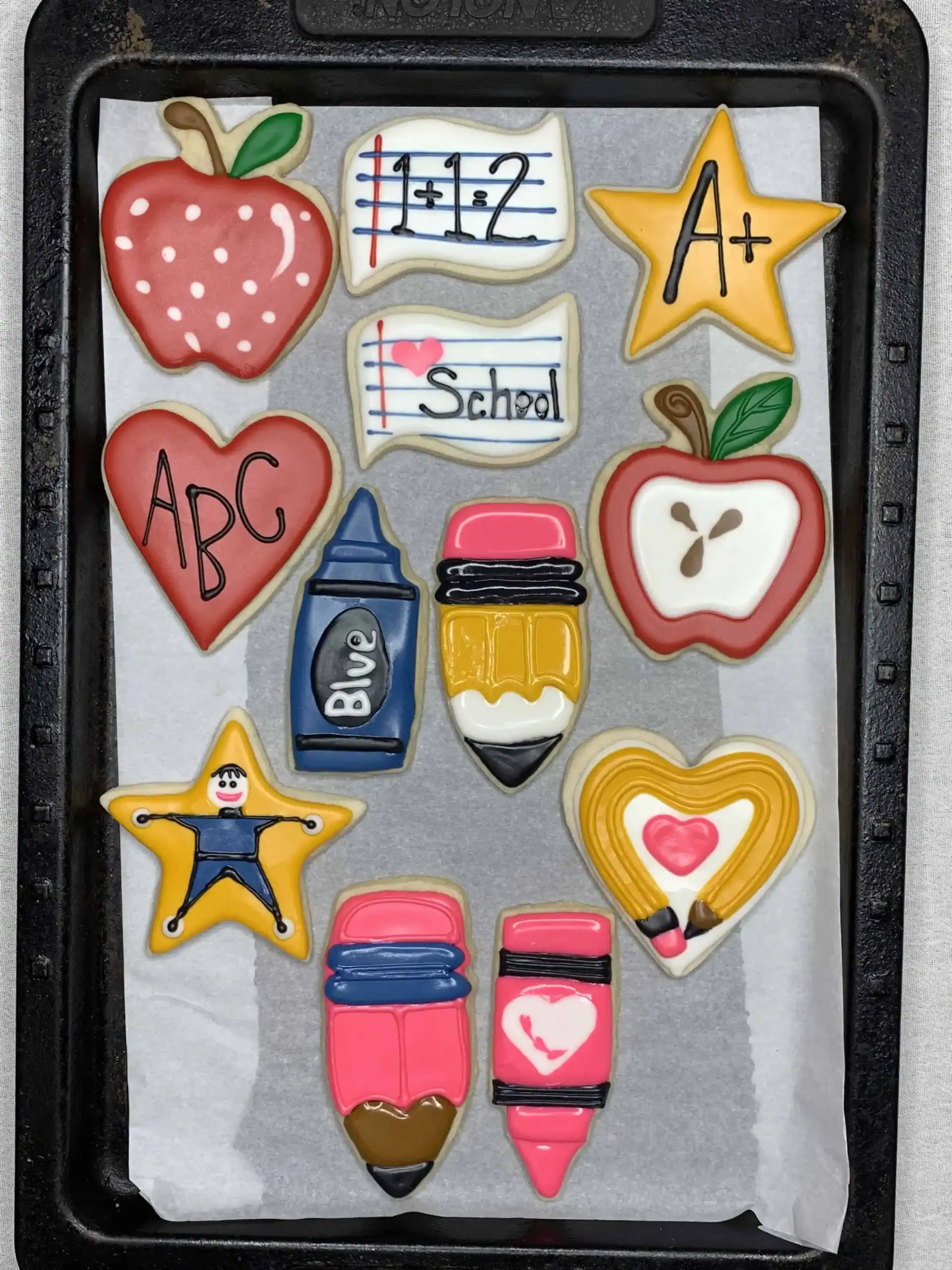 cookie tray of decorated back to school sugar cookies