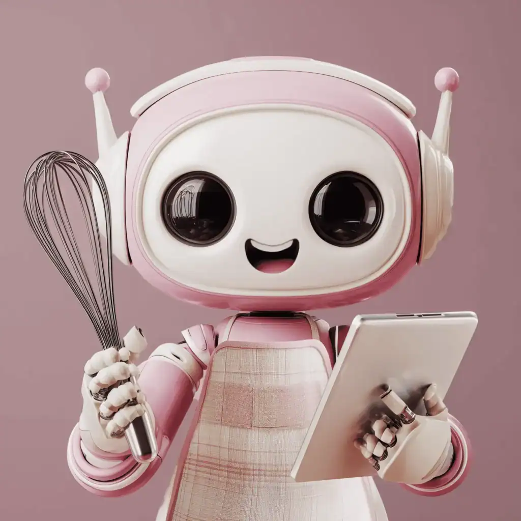 The Cookbook Companion Bot, she is holding a whisk in one hand and an iPad in the other hand.