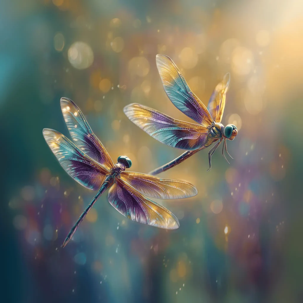 two surreal dragonflies, colorful like stained glass, fluttering in a Boka background