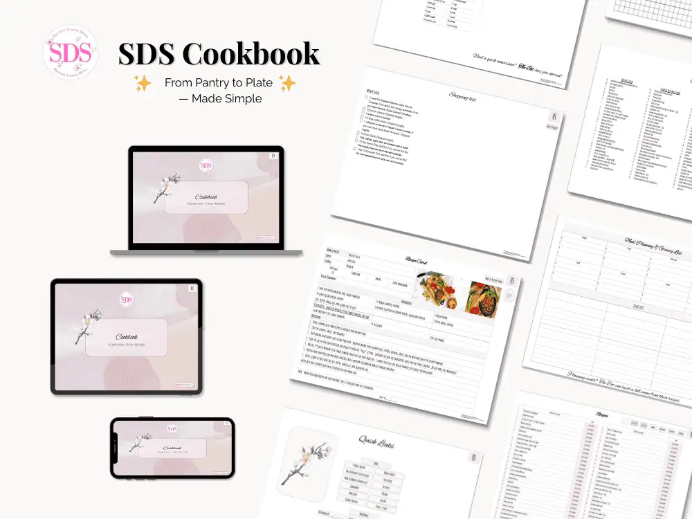 This is a mock up of multiple pages of SDS's Cookbook. It shows a phone, device and laptop computer to the left side and to the right are 8 pages from the cookbook