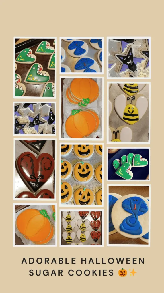 Collage of Halloween sugar cookies decorated with royal icing, including pumpkins, vampire star, cobra, bumble bee, ladybug, and monster dino.