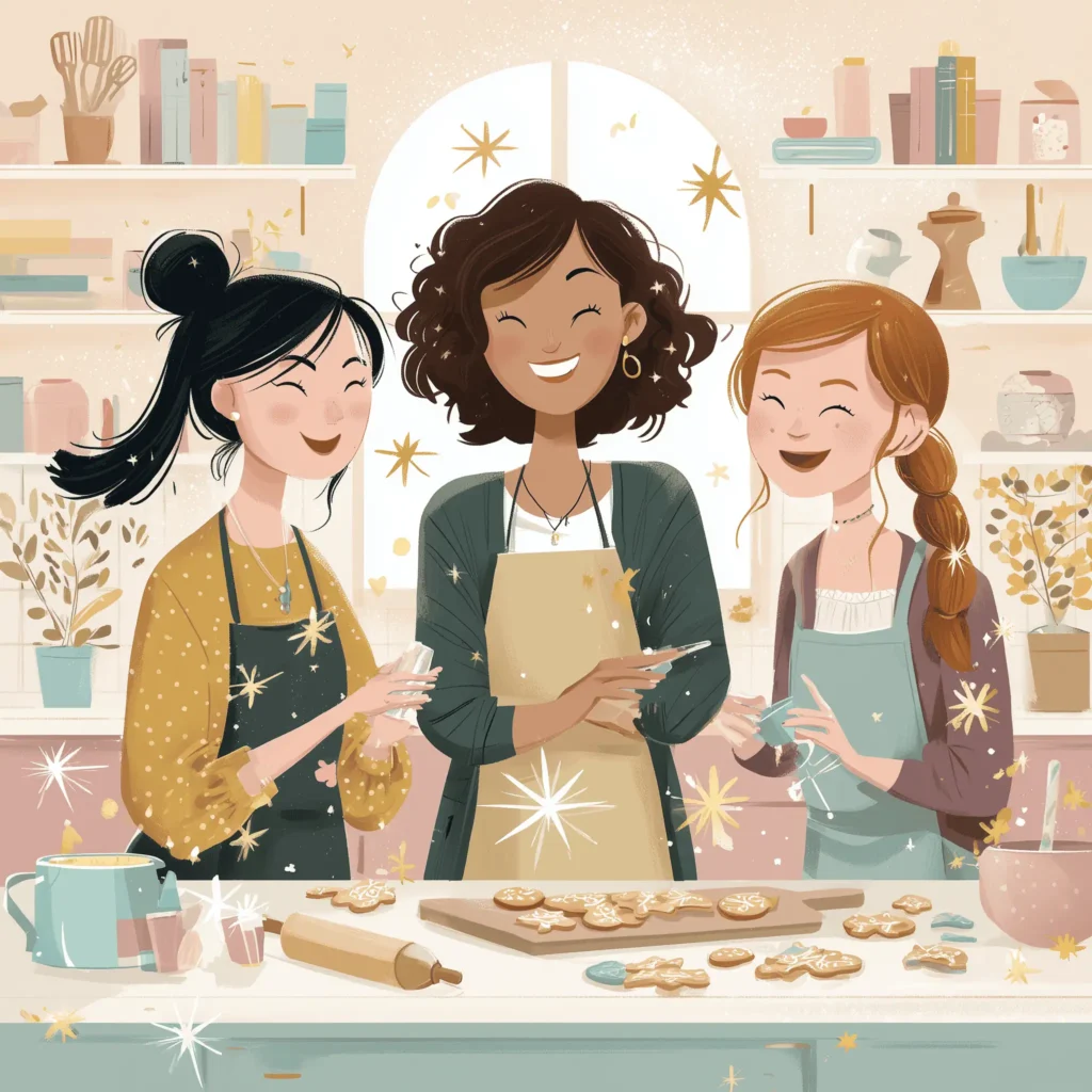 A cartoon image of three happy bakers, standing around a kitchen island, decorating sugar cookies with royal icing