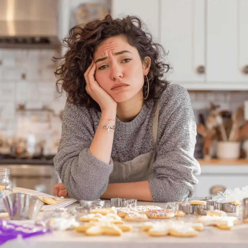 A woman with a frustrated face standing around her kitchen island with sugar cookies, piping bags, cookie cutters all around her