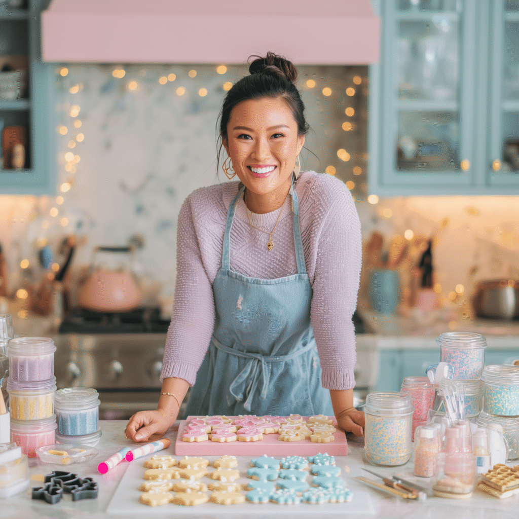 A smiling woman standing around her kitchen island with sugar cookies, piping bags, cookie cutters all around her