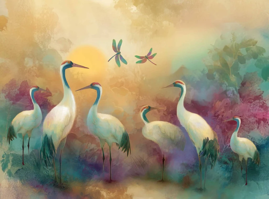 Six white cranes bathed in golden light, forming a mystical corridor.