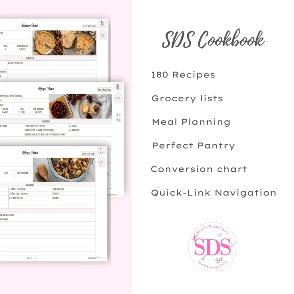 Three recipe images staggered and stacked on the rights side and a list of SDS Digital Cookbook features.
