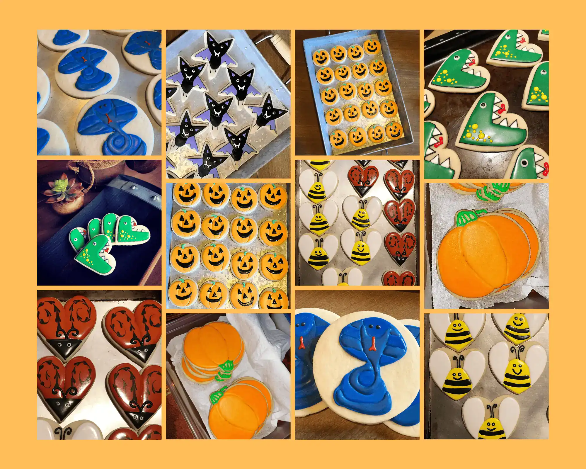 Adorable Halloween Sugar Cookies Adorable Halloween Sugar Cookies Collage of Halloween sugar cookies decorated with royal icing, including pumpkins, vampire star, cobra, bumble bee, ladybug, and monster dino.