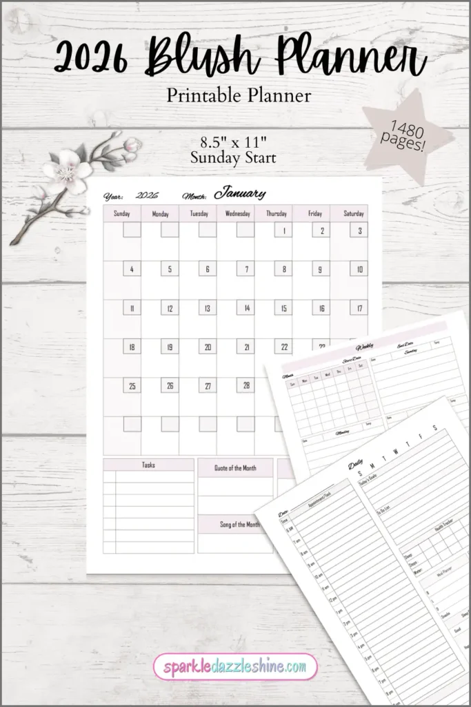 2026 Blush Planner journal pages with contacts and password trackers, clean minimalist lines, and elegant blush design.