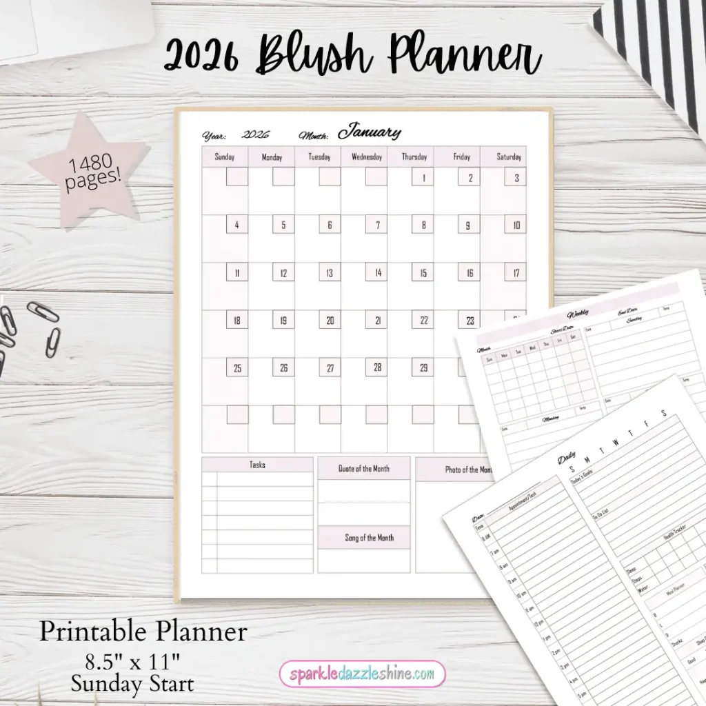 2026 Blush Planner printable cover and contents overview showing organized section tabs and elegant blush watercolor design with floral accents.
